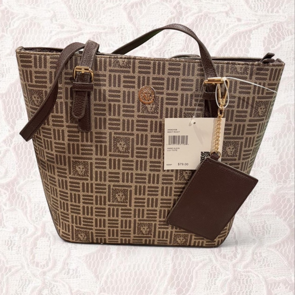 Anne Klein Geometric Brown Tote with Gold Details